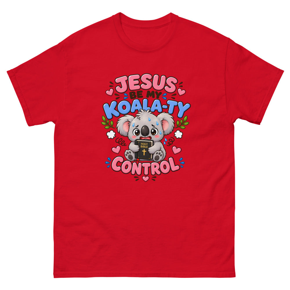 Cartoon koala holding a Bible with the words Jesus Be My Koala-ty Control on a Red shirt