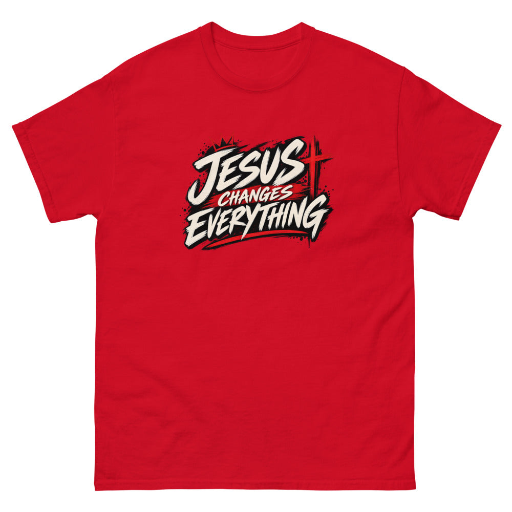 Brush script streetwear graphic with a crown and red cross reading Jesus Changes Everything on a Red shirt