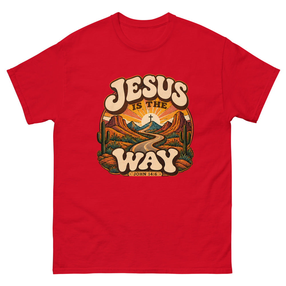Retro groovy desert badge with a winding road to a cross reading Jesus Is The Way on a Red shirt