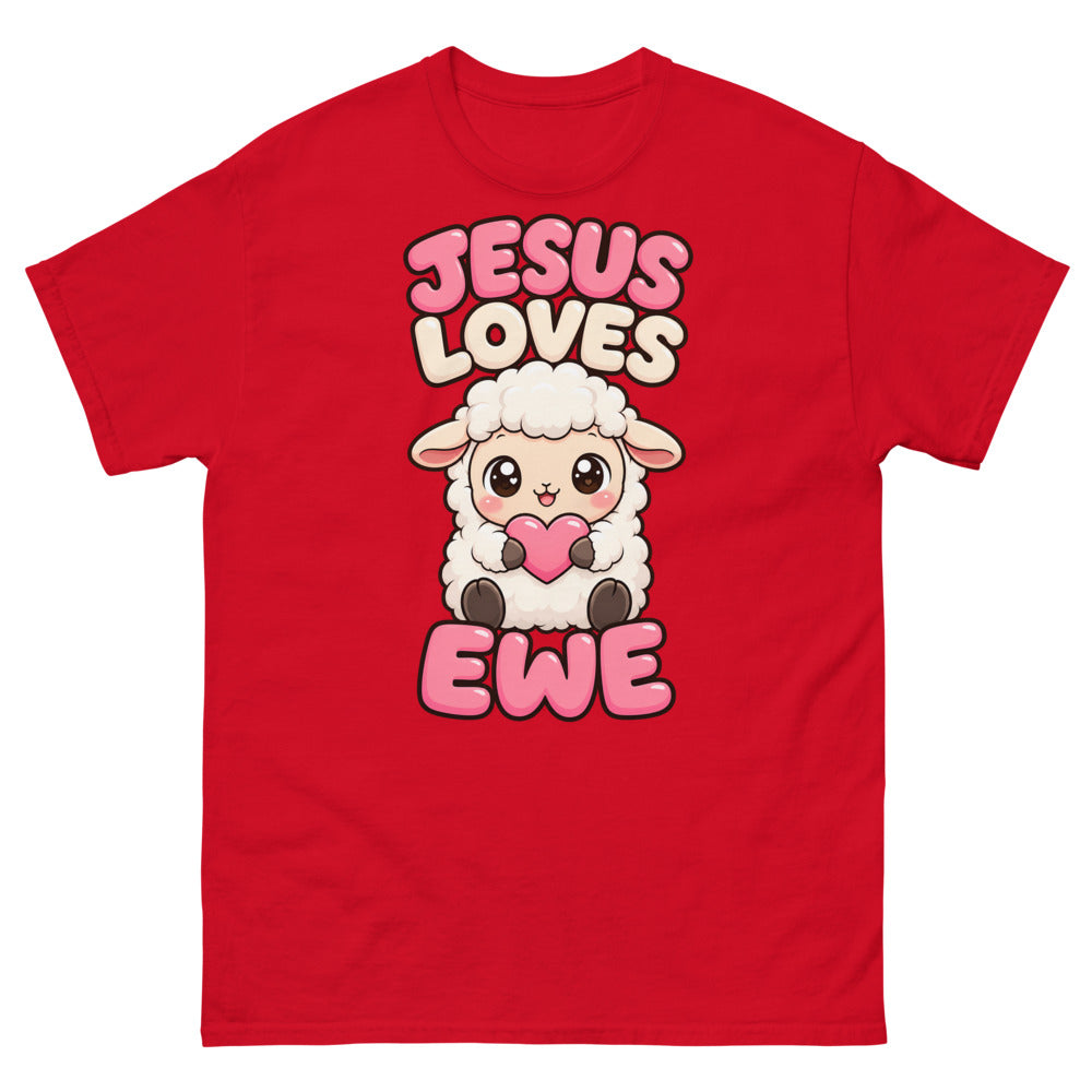 Cartoon lamb holding a heart with the words Jesus Loves Ewe on a Red shirt