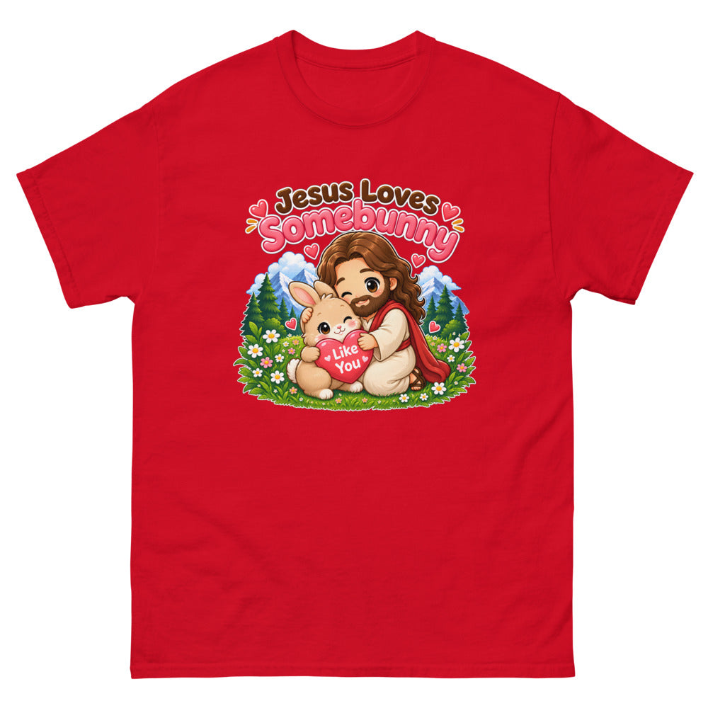 Chibi Jesus hugging a bunny holding a heart with the words Jesus Loves Somebunny on a Red shirt