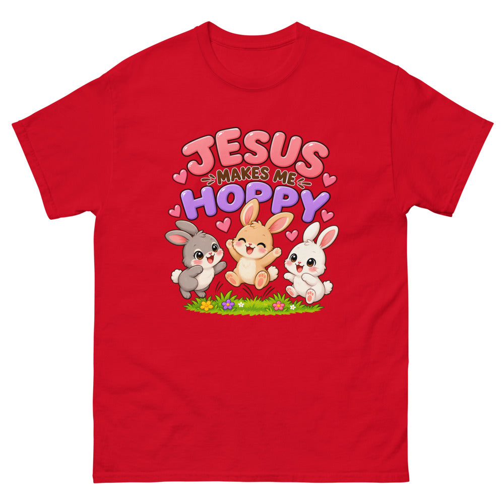 Three cartoon bunnies jumping with the words Jesus Makes Me Hoppy on a Red shirt