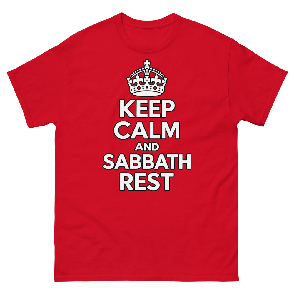 Crown above heavy caps reading Keep Calm And Sabbath Rest on a Red shirt