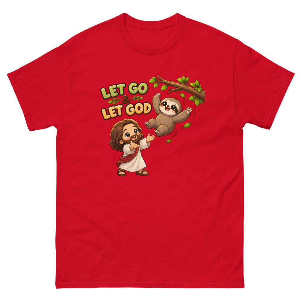 Cartoon sloth falling from a branch toward Jesus with the words Let Go And Let God on a Red shirt