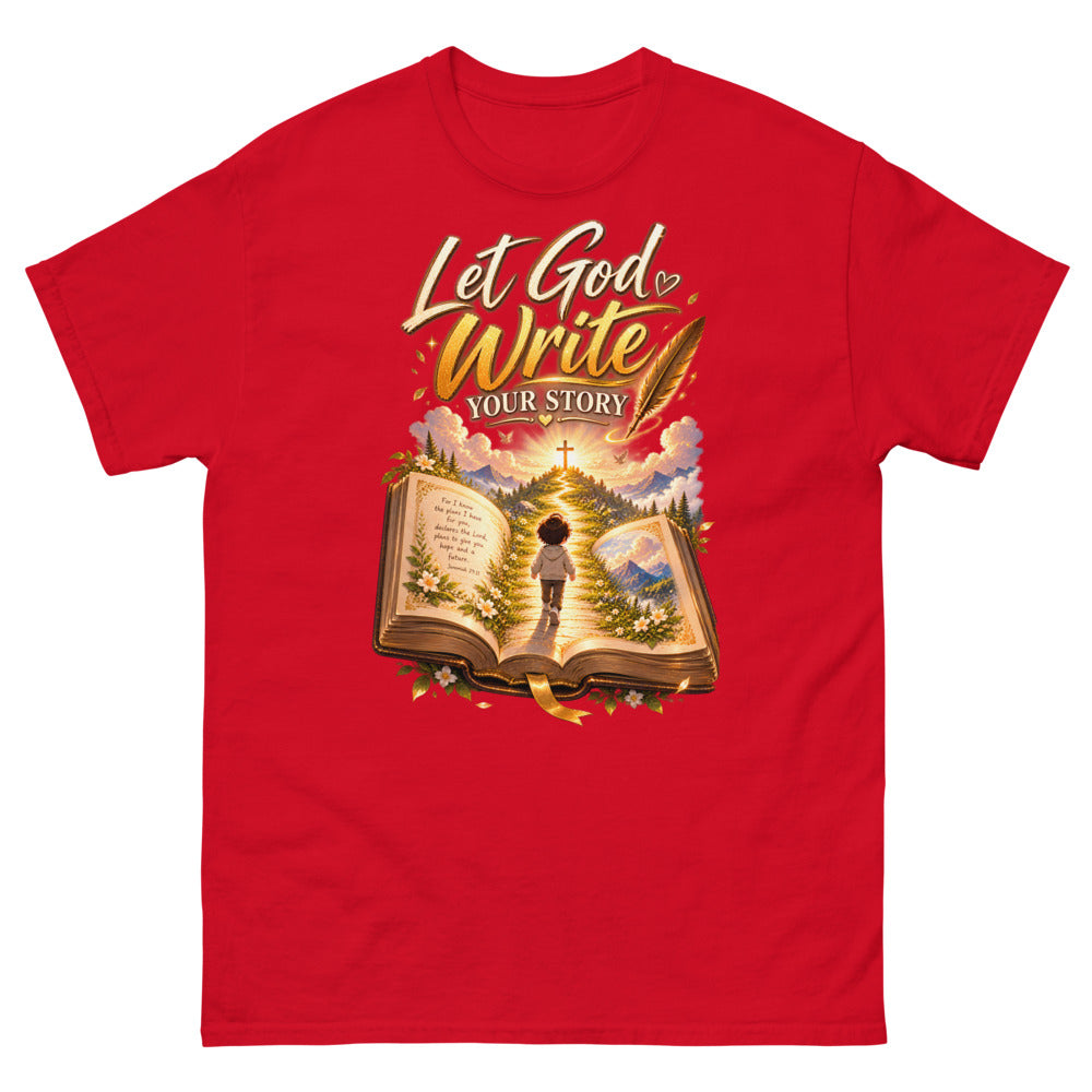 Open Bible with a child walking toward a cross and the words Let God Write Your Story on a Red shirt
