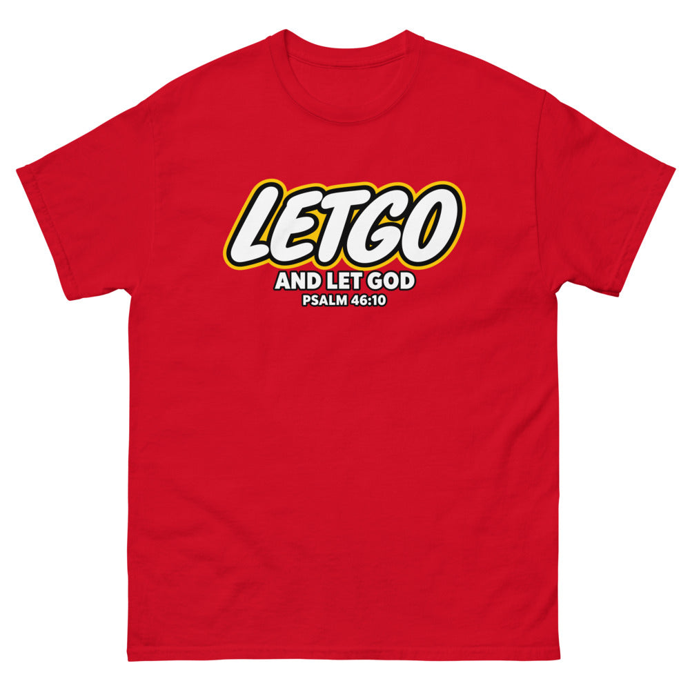 Toy brick logo parody reading Letgo and Let God, Psalm 46:10 on a Red shirt