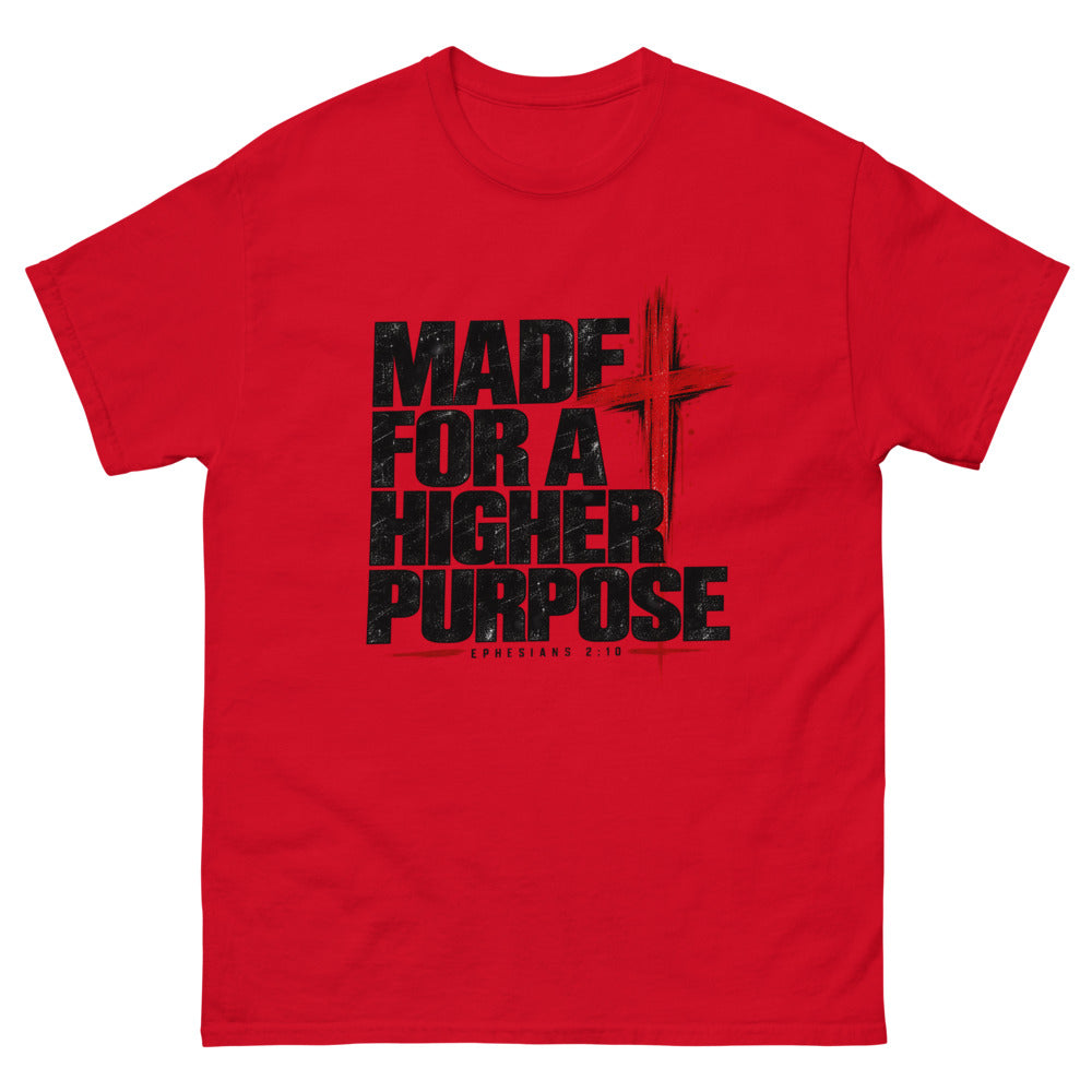 Heavy black caps with a red brush cross reading Made For A Higher Purpose on a Red shirt