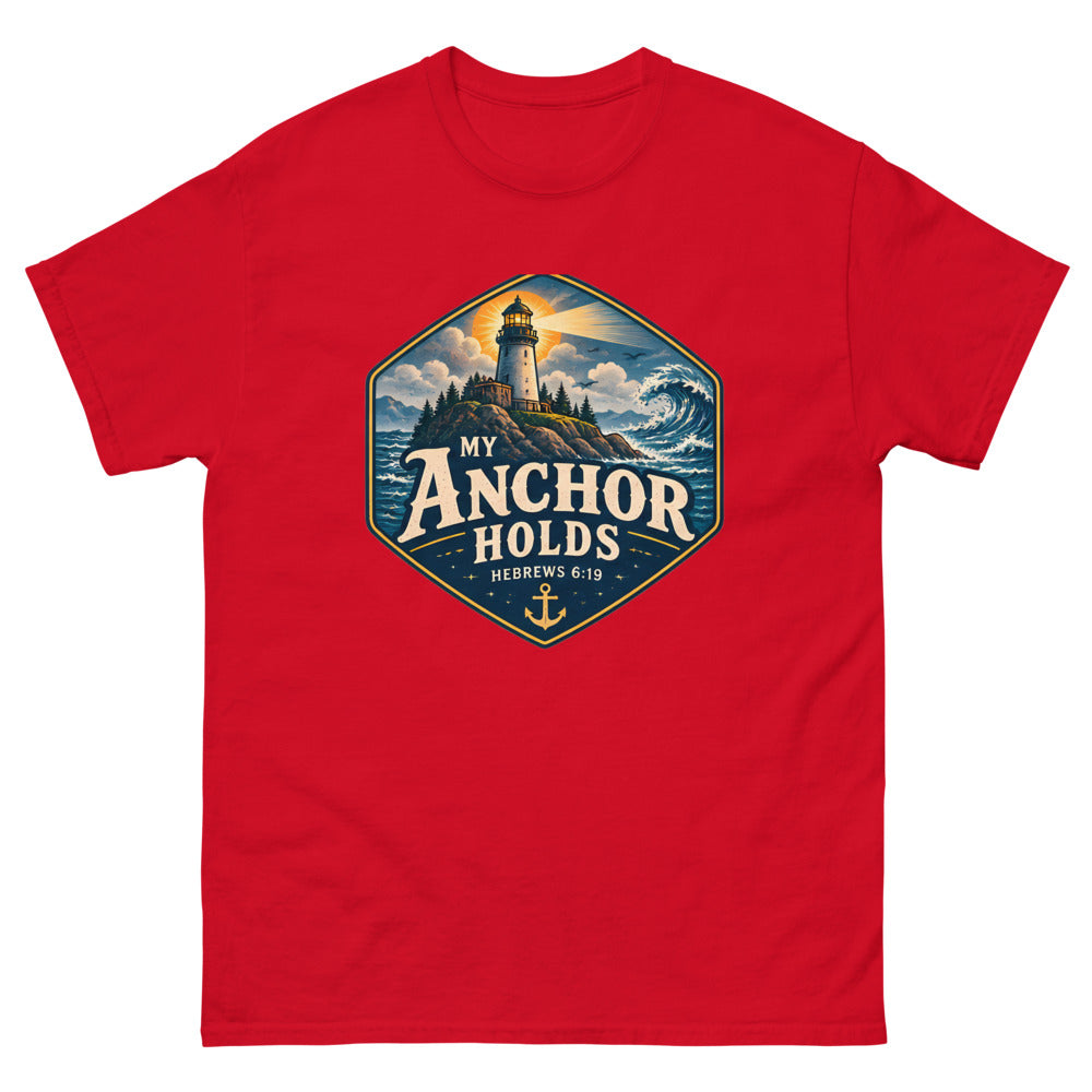 Navy hexagon badge with a lighthouse and wave reading My Anchor Holds on a Red shirt