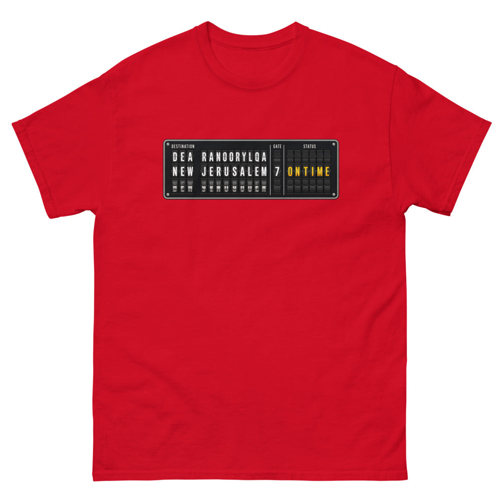 Split flap departure board reading New Jerusalem, gate 7, on time on a Red shirt