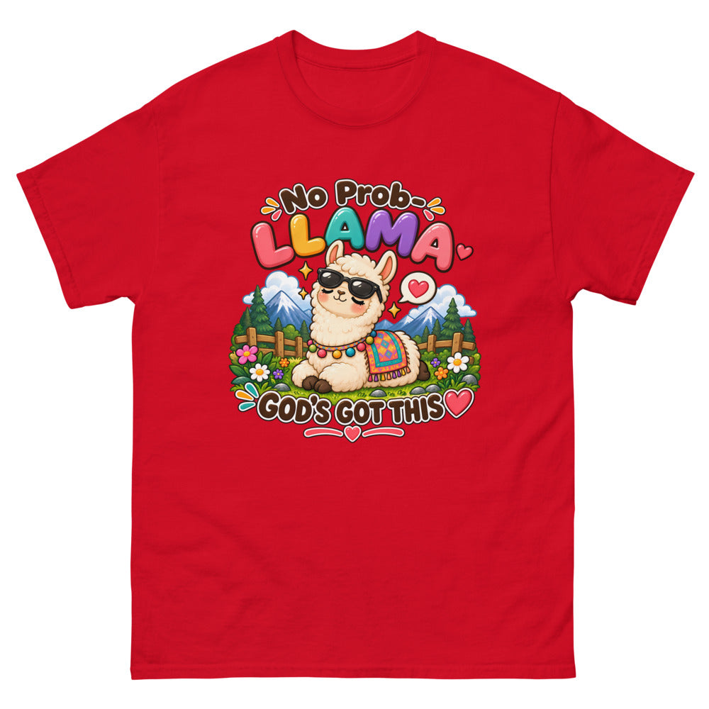 Cartoon llama in sunglasses with the words No Prob-Llama God's Got This on a Red shirt