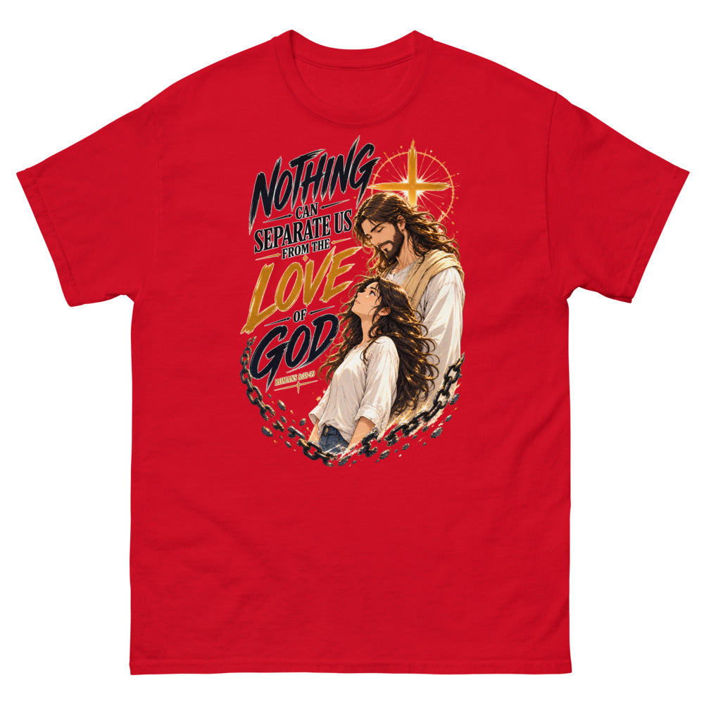 Anime illustration of Jesus and a young woman with broken chains and the words Nothing Can Separate Us From The Love Of God on a Red shirt