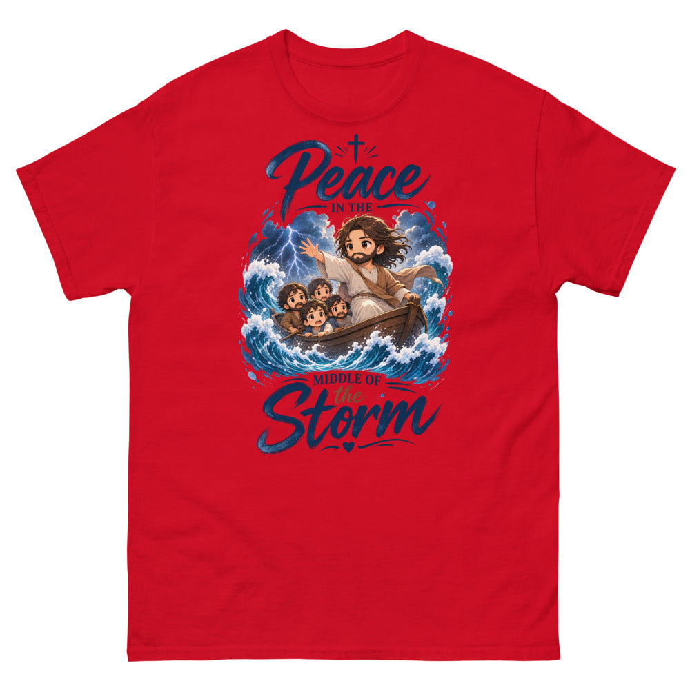 Chibi Jesus calming a storm in a boat with the words Peace In The Middle Of The Storm on a Red shirt