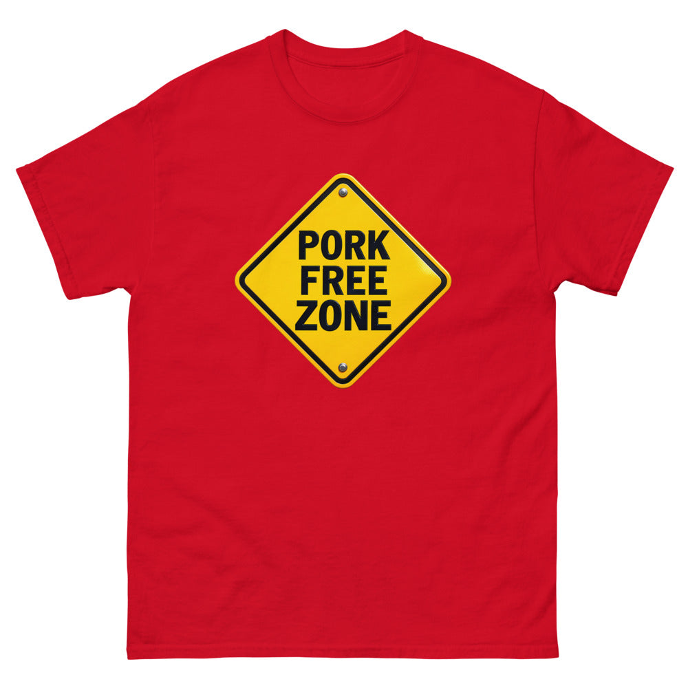 Yellow diamond road sign reading Pork Free Zone on a Red shirt