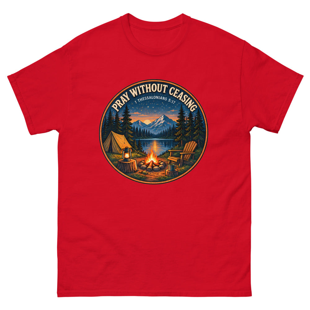 Round campfire and tent badge at night reading Pray Without Ceasing on a Red shirt