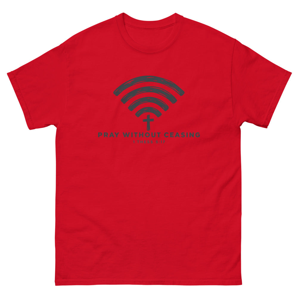 Brush drawn wi-fi symbol with a cross and the words Pray Without Ceasing on a Red shirt