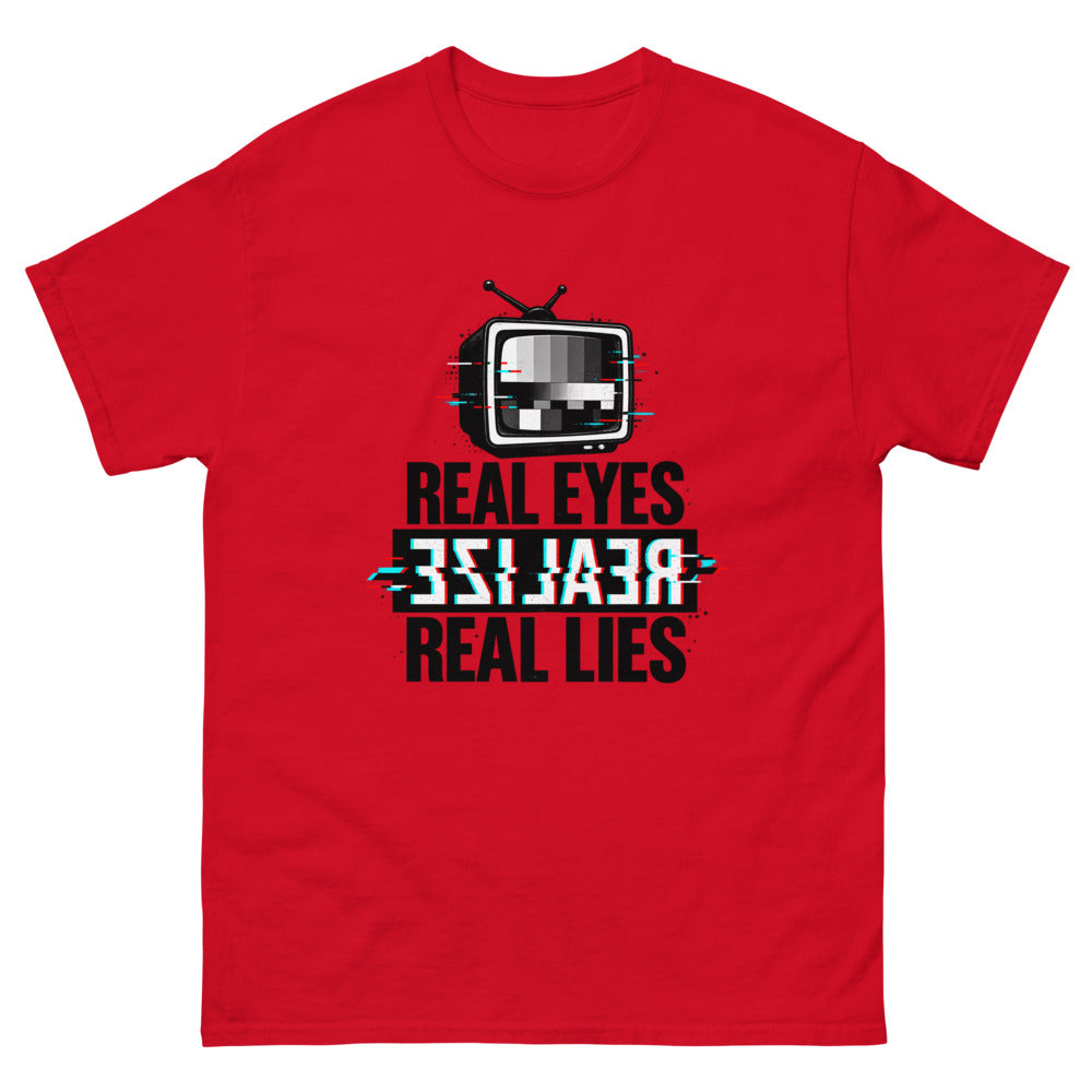 Glitching retro television with the words Real Eyes Realize Real Lies on a Red shirt