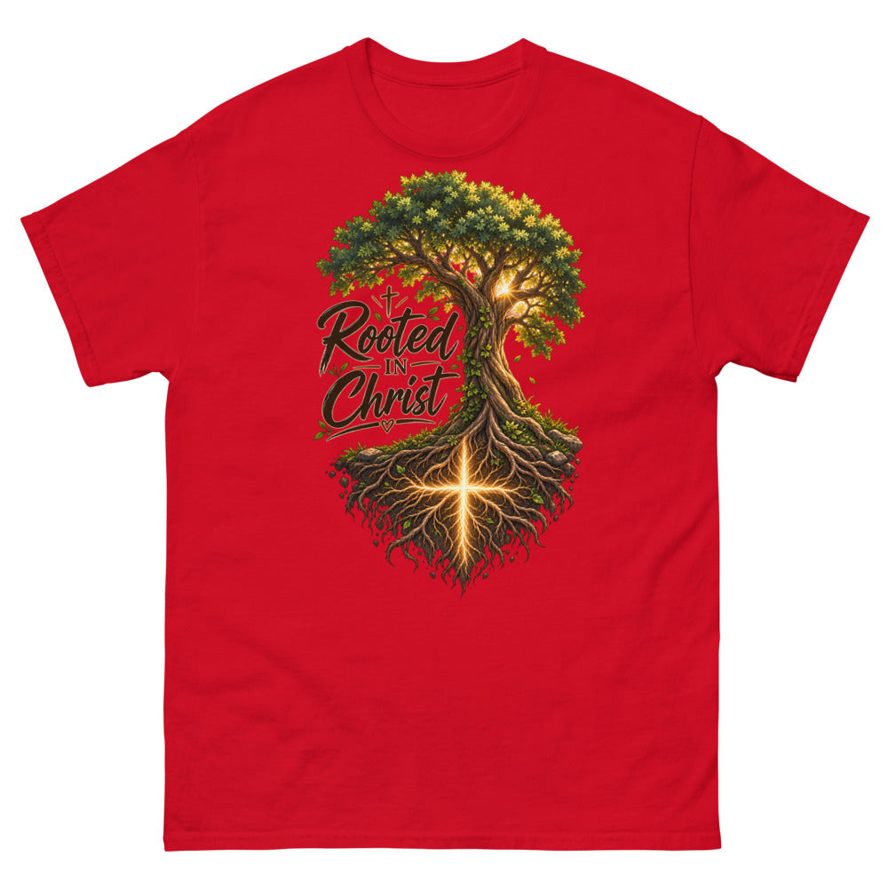 Detailed tree with a glowing cross in its roots and the words Rooted In Christ on a Red shirt