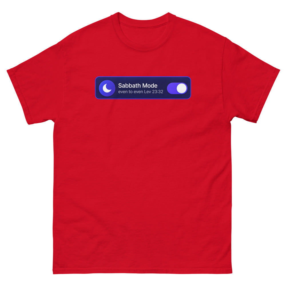 Phone settings toggle switched on reading Sabbath Mode, even to even on a Red shirt