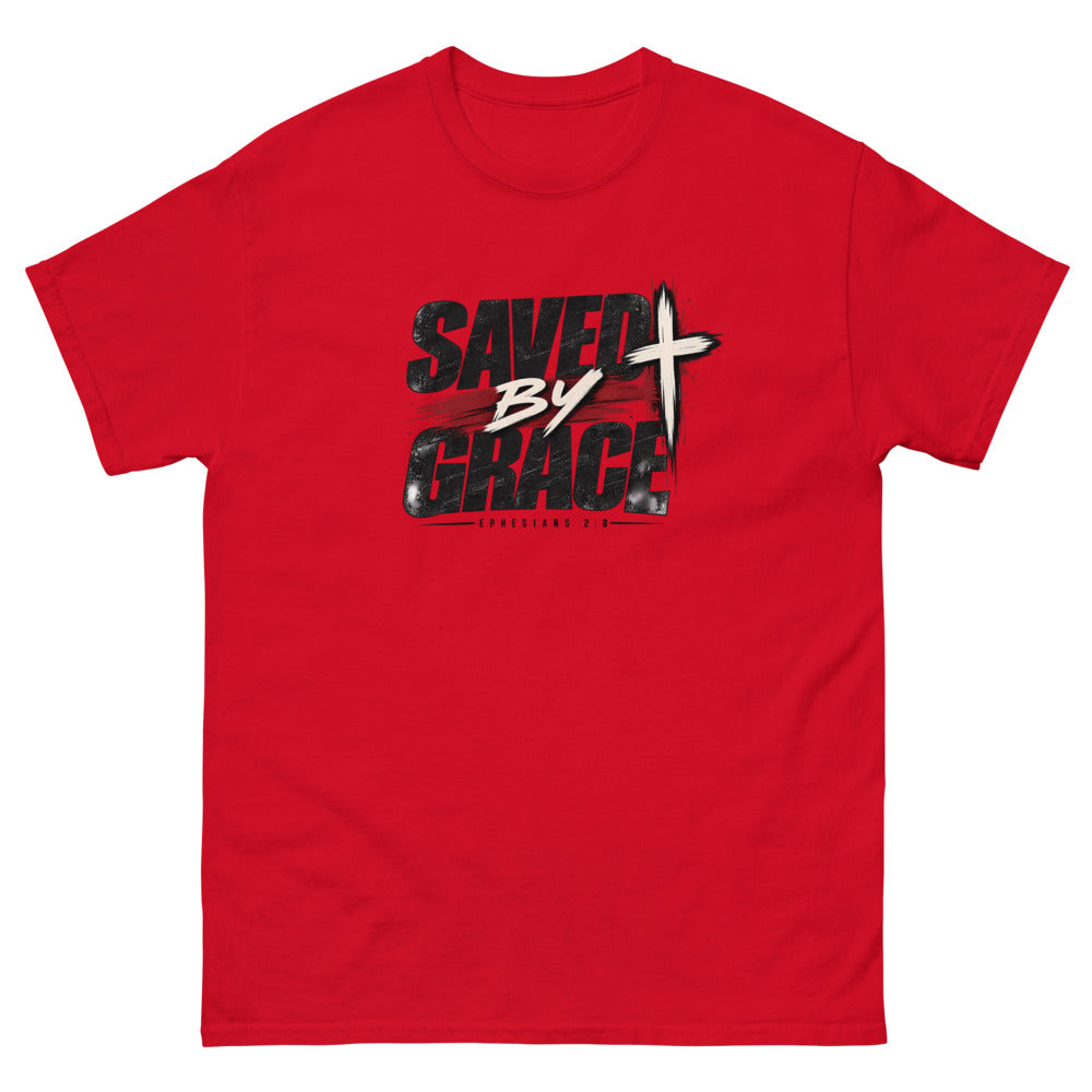Streetwear lettering with a red brush stroke and cross reading Saved By Grace on a Red shirt