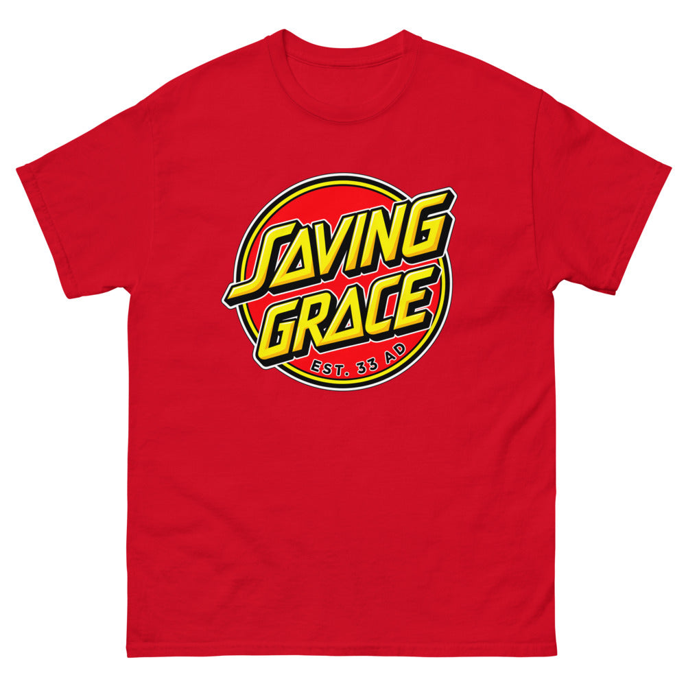 Red circle skate logo reading Saving Grace, Est. 33 AD on a Red shirt