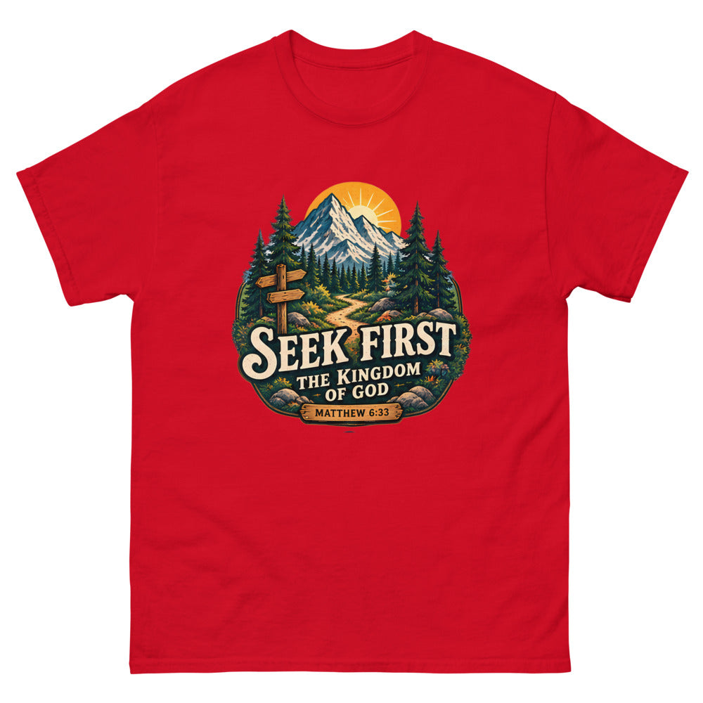 Vintage trail badge with mountains and a signpost reading Seek First The Kingdom Of God on a Red shirt