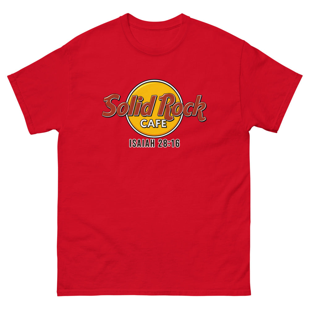 Gold roundel reading Solid Rock Cafe with Isaiah 28:16 on a Red shirt