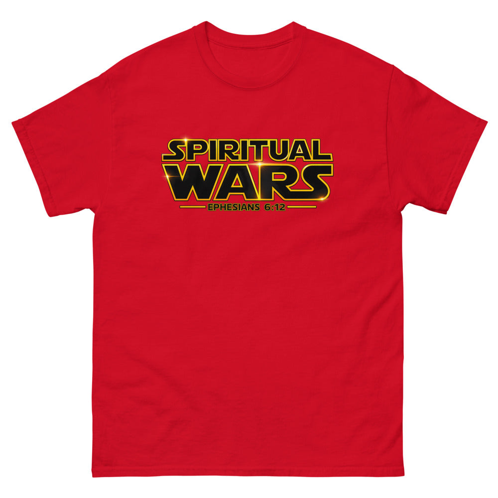 Film logo parody reading Spiritual Wars with Ephesians 6:12 on a Red shirt