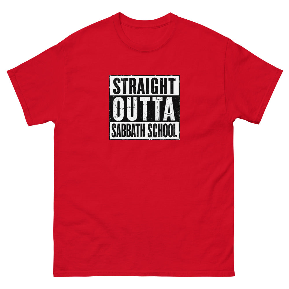 Distressed block lettering reading Straight Outta Sabbath School on a Red shirt