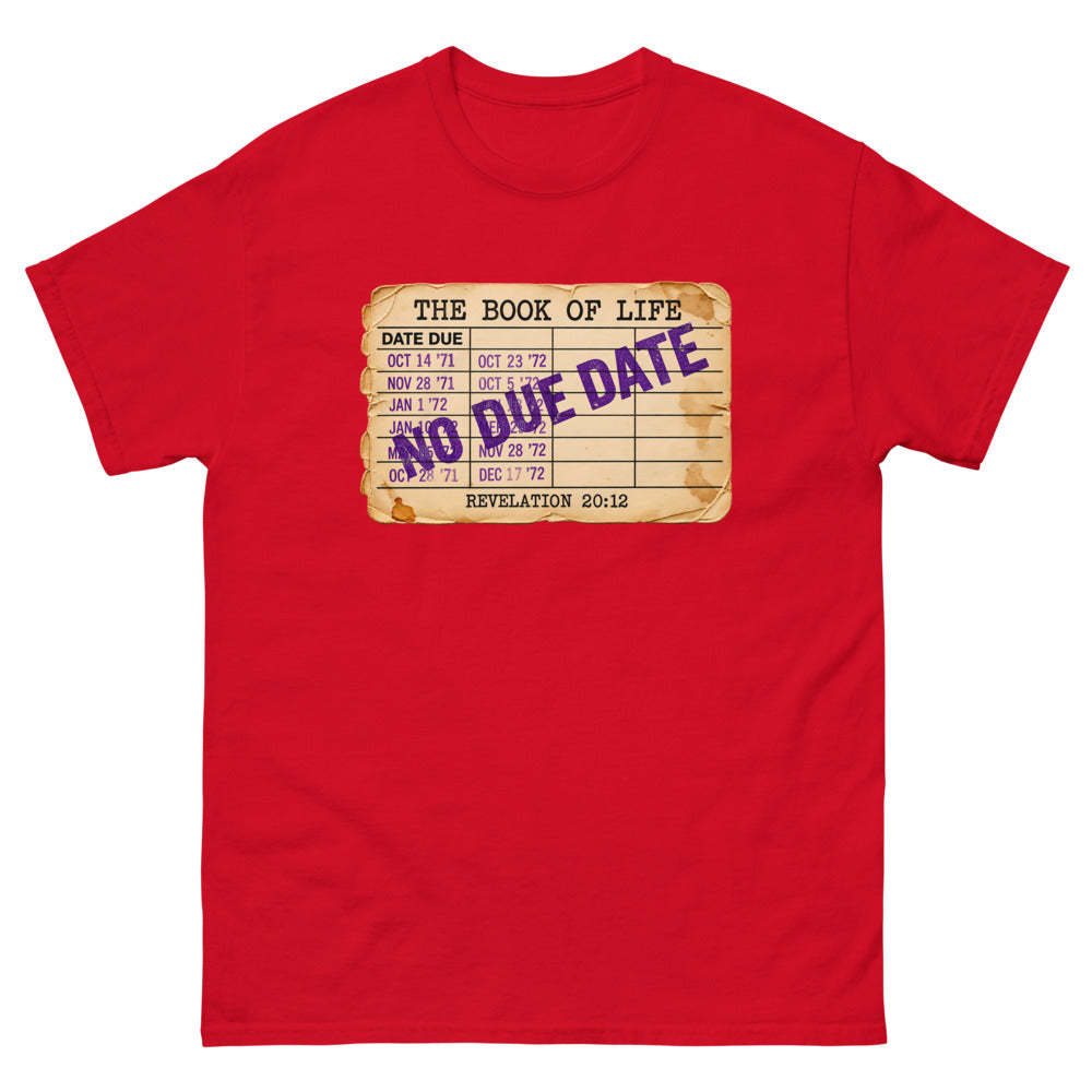 Vintage library due date card headed The Book Of Life stamped No Due Date on a Red shirt