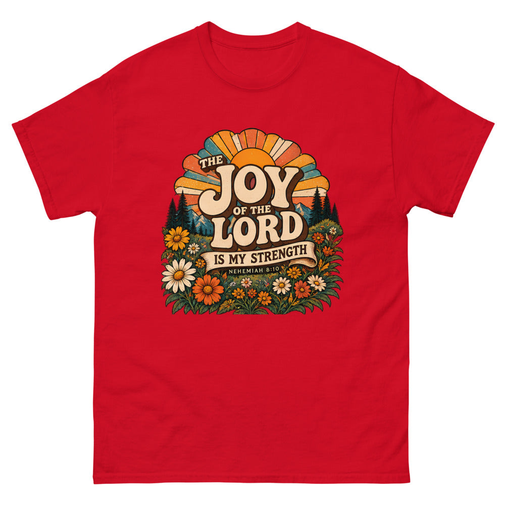 Retro sunburst and wildflowers reading The Joy Of The Lord Is My Strength on a Red shirt