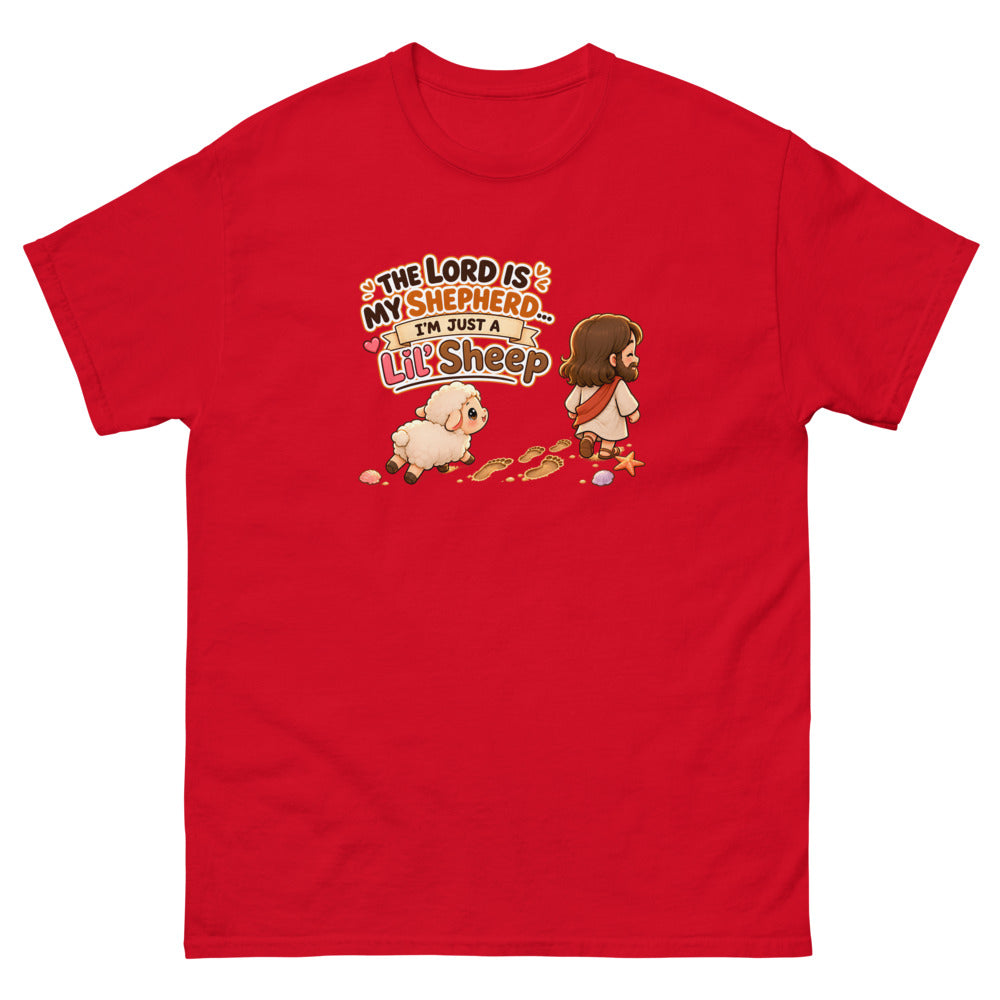 Chibi Jesus walking ahead of a little sheep with the words The Lord Is My Shepherd I'm Just A Lil Sheep on a Red shirt