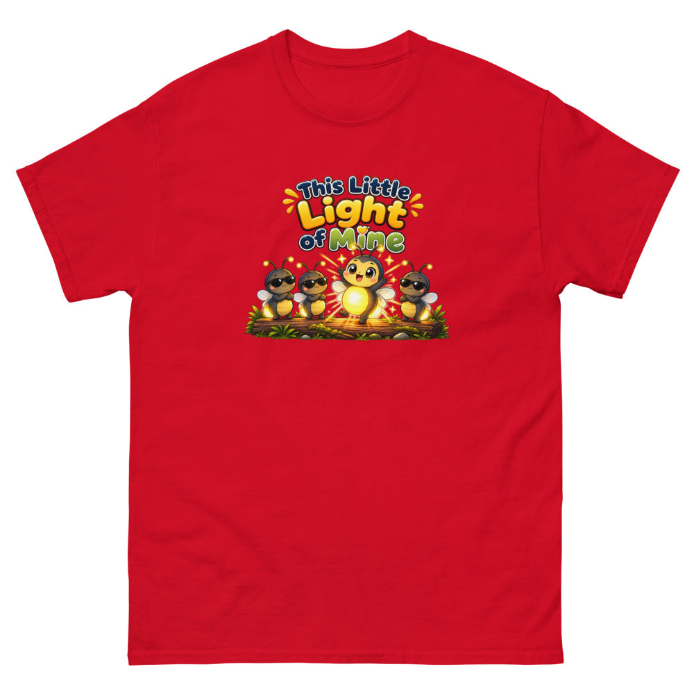 Glowing cartoon firefly with three others in sunglasses and the words This Little Light Of Mine on a Red shirt