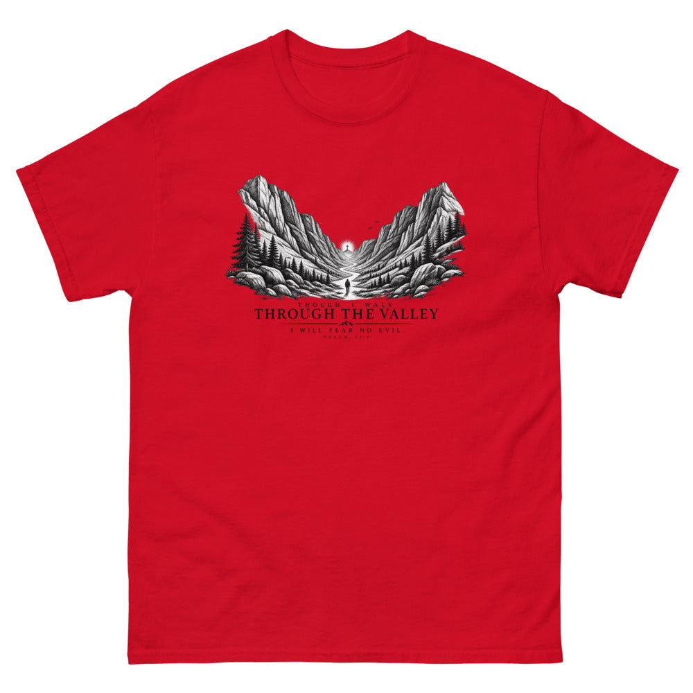 Engraved mountain valley with a lone figure reading Though I Walk Through The Valley I Will Fear No Evil on a Red shirt