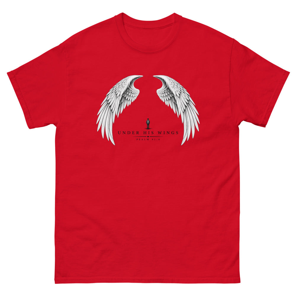 Line art angel wings with a small figure between them and the words Under His Wings on a Red shirt