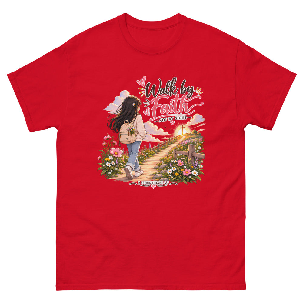 Chibi girl walking a flower-lined path toward a cross with the words Walk By Faith Not By Sight on a Red shirt