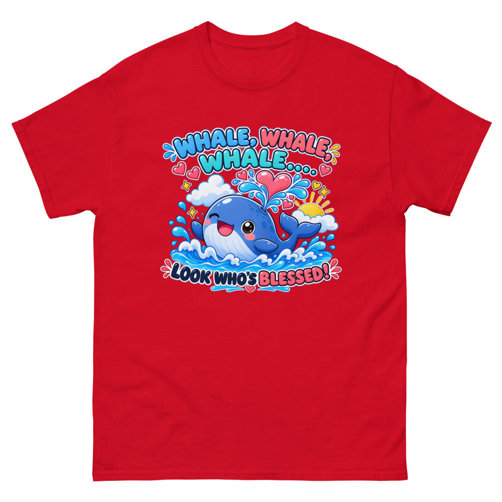 Cartoon whale spouting hearts with the words Whale Whale Whale Look Who's Blessed on a Red shirt