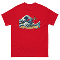 Woodblock style great wave with Jonah and a whale and the words When you pass through the waters I will be with you on a Red shirt