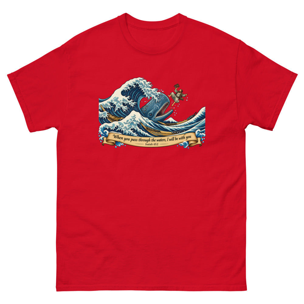 Woodblock style great wave with Jonah and a whale and the words When you pass through the waters I will be with you on a Red shirt