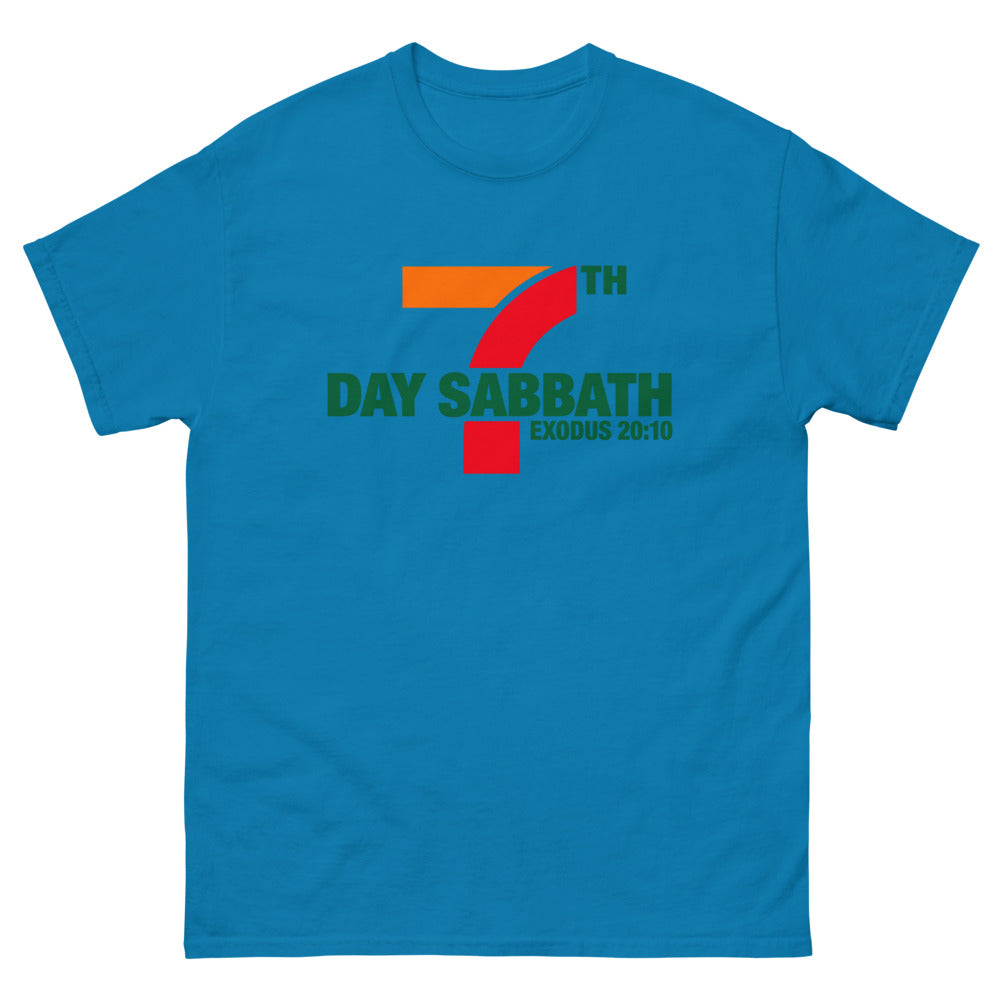 Orange red and green sign parody reading 7th Day Sabbath, Exodus 20:10 on a Sapphire shirt
