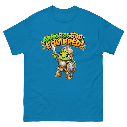 Cartoon turtle in knight armor with sword and shield and the words Armor Of God Equipped on a Sapphire shirt