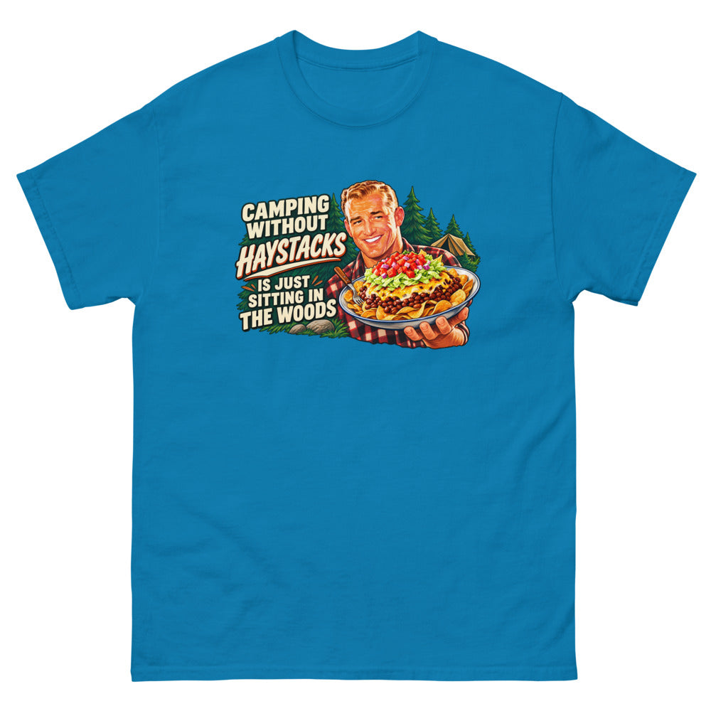 Retro illustration of a camper holding a plate of haystacks with the words Camping Without Haystacks Is Just Sitting In The Woods on a Sapphire shirt