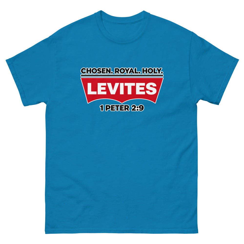 Red batwing patch reading Levites with Chosen Royal Holy and 1 Peter 2:9 on a Sapphire shirt