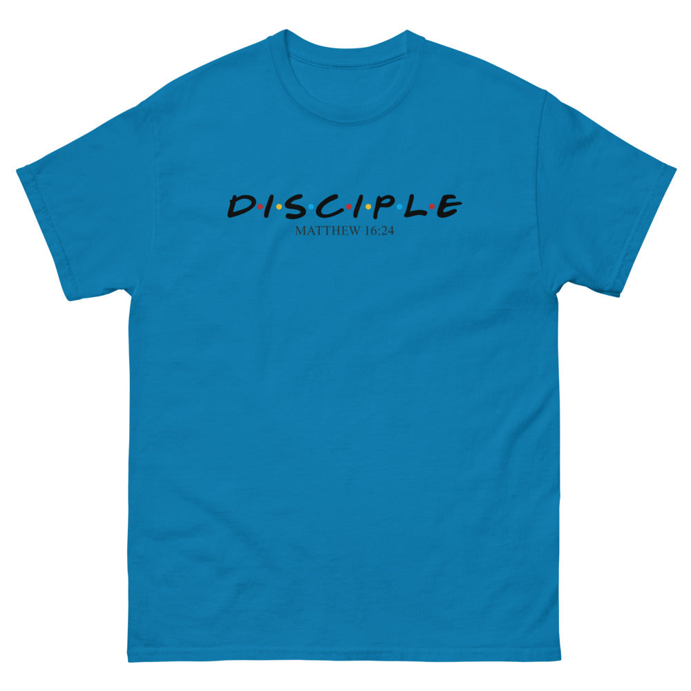 Sitcom style title lettering with coloured dots reading Disciple, Matthew 16:24 on a Sapphire shirt