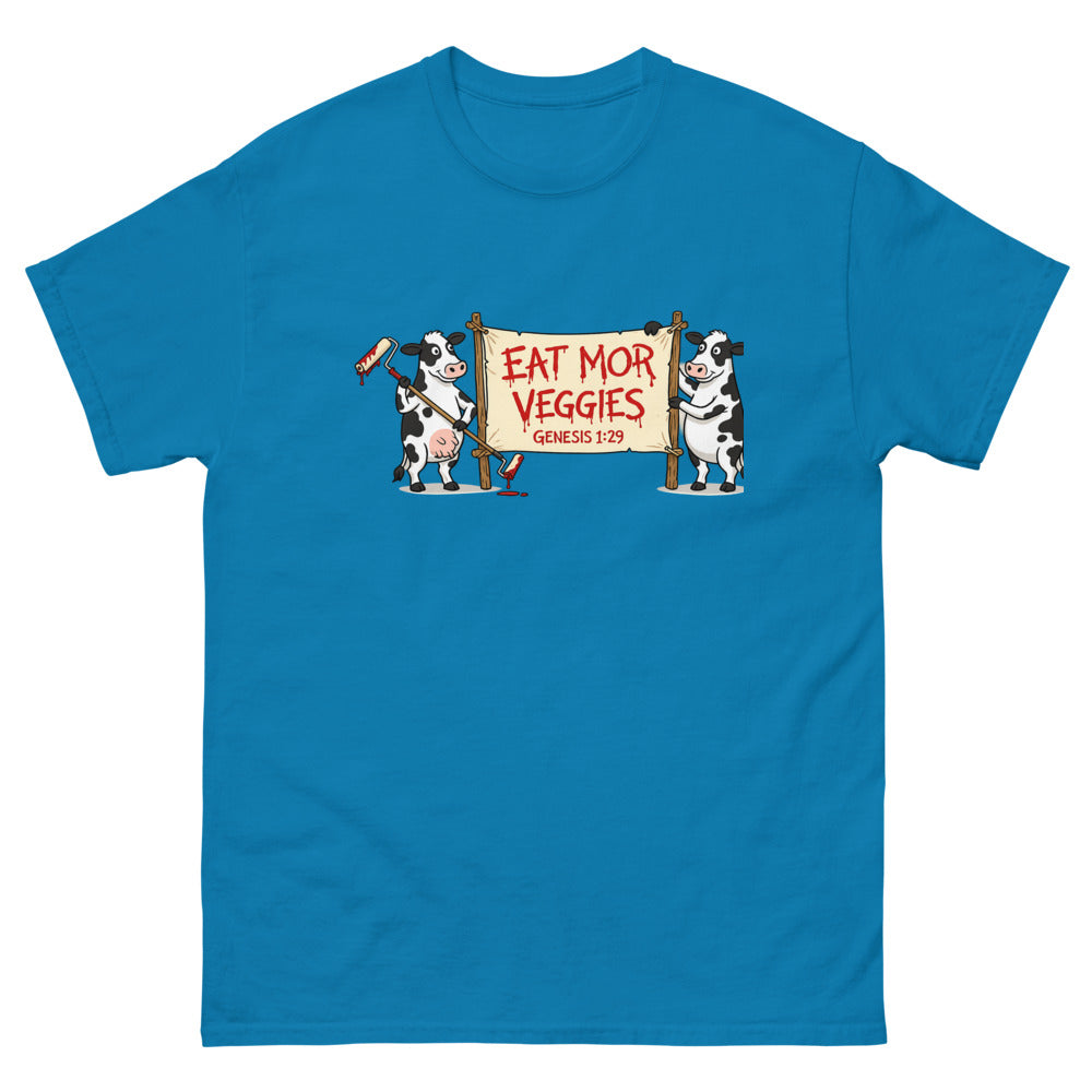 Two cartoon cows holding a banner reading Eat Mor Veggies, Genesis 1:29 on a Sapphire shirt