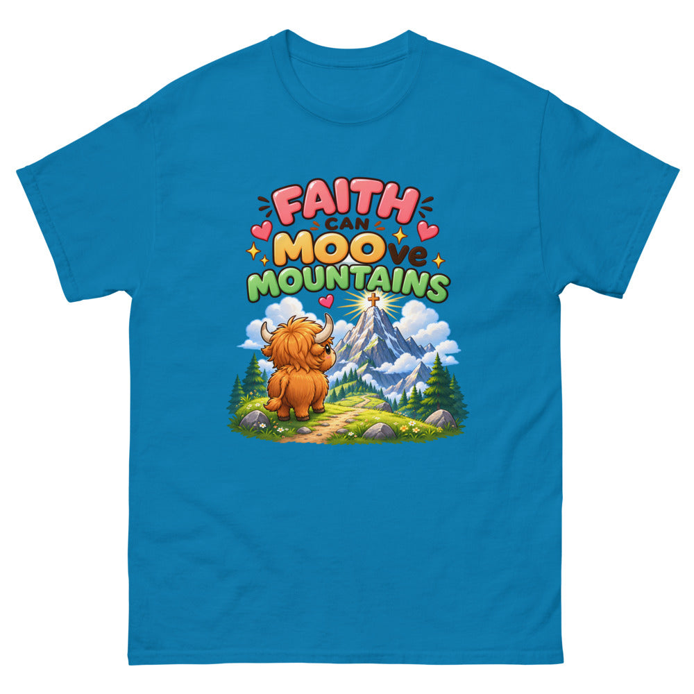 Cartoon highland cow looking at a mountain with the words Faith Can Moo-ve Mountains on a Sapphire shirt