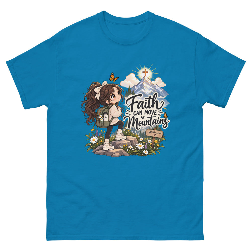 Chibi hiker girl looking at a mountain with a cross and the words Faith Can Move Mountains on a Sapphire shirt
