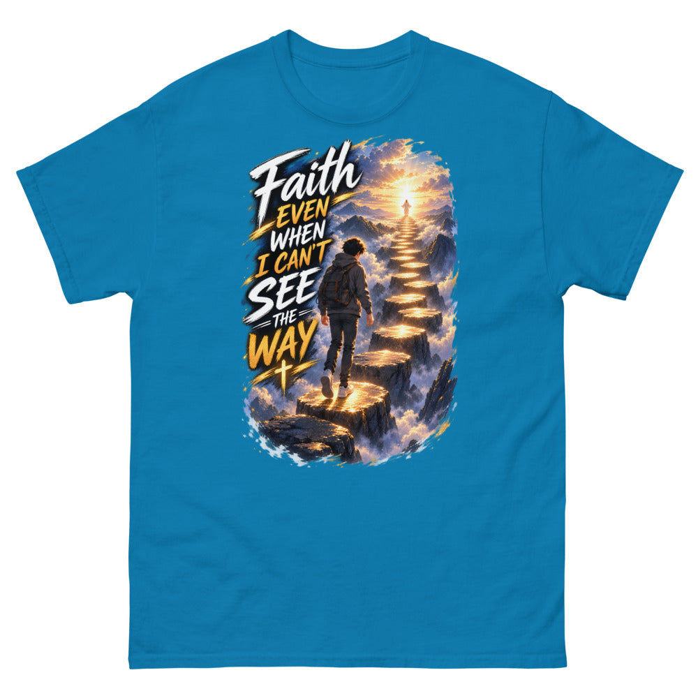 Anime boy climbing a glowing stairway in the clouds with the words Faith Even When I Can't See The Way on a Sapphire shirt