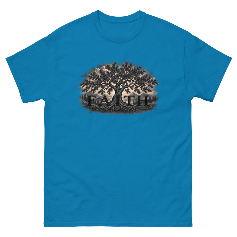 Engraved tree growing through the word Faith with Matthew 17:20 on a Sapphire shirt
