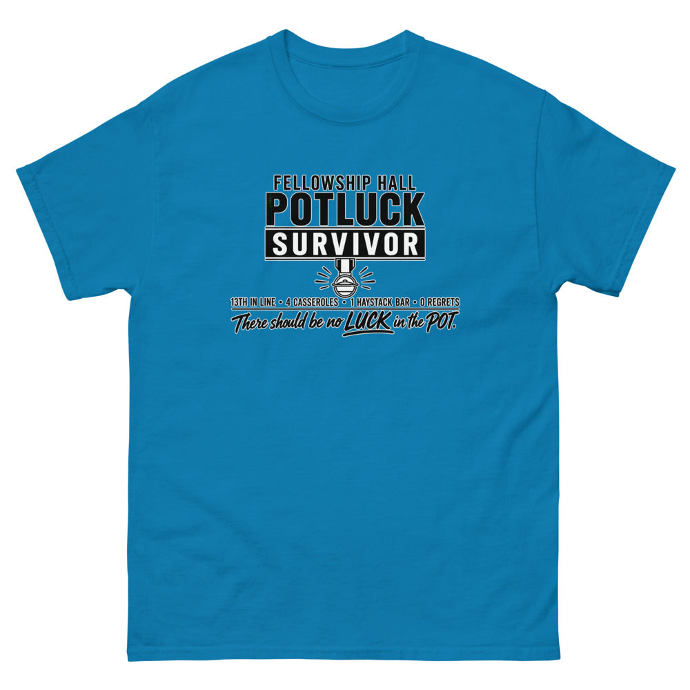 Military style badge reading Fellowship Hall Potluck Survivor with a medal on a Sapphire shirt