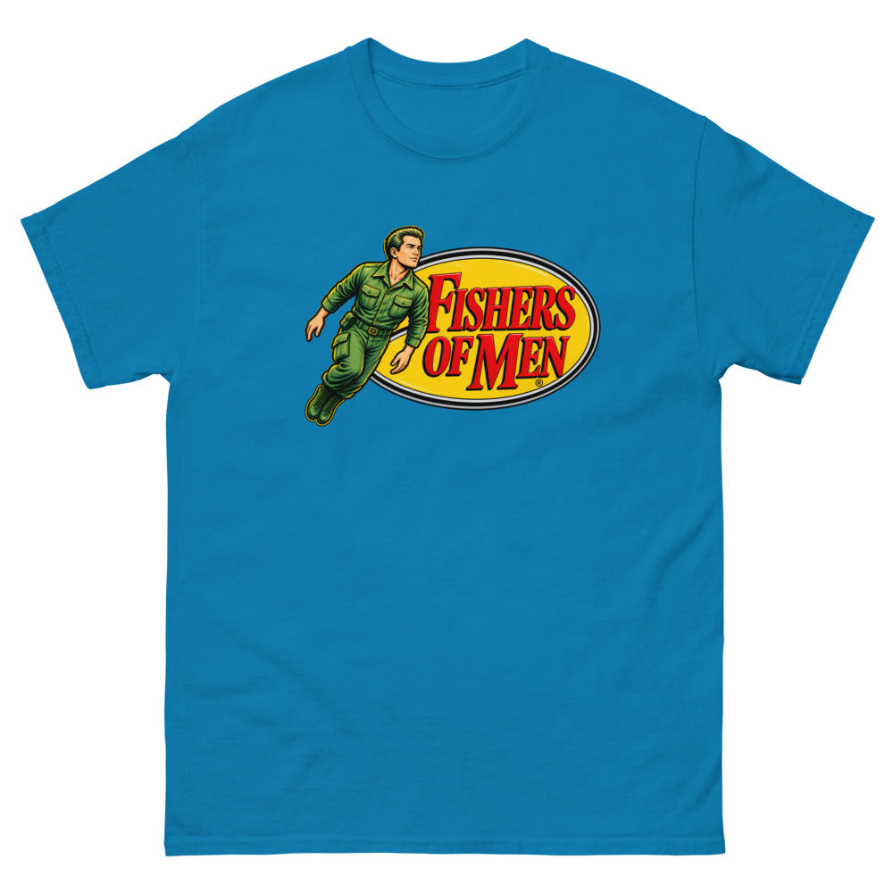 Action figure toy logo parody with a figure leaping from a yellow oval reading Fishers of Men on a Sapphire shirt